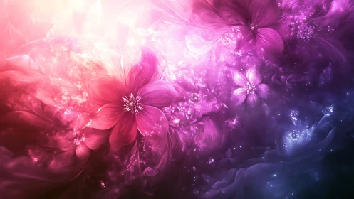 Luminous Floral Gradient. Digital botanical with radiant petals transitioning from crimson through v