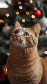 Ginger Cat's Enchanted Christmas Gaze Upward.