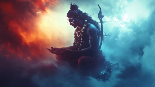 Digital deity meditation amid fire and ice clouds contrast.