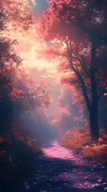 Luminous Forest Path: Magenta and Amber Atmospheric Landscape