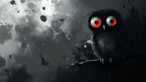 Moon-splattered night owl with ember-bright cartoon eyes.