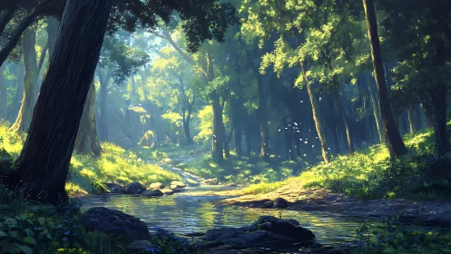 Luminous Forest Corridor with Streaming Sunlight Through Canopy.