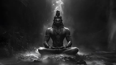 Monochrome meditative deity rendered in dramatic chiaroscuro lighting