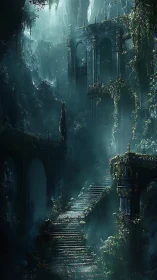 Ruined stone stairway ascends through overgrown cavern ruins