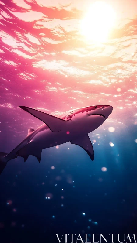 Sunset-tinted shark drifting through dreamy ocean light.