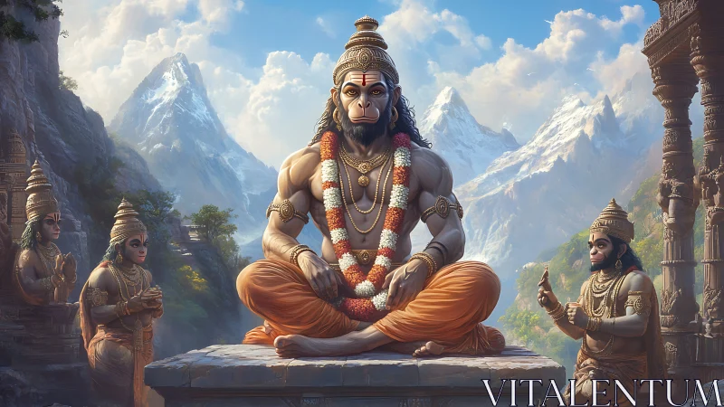 Serene Hanuman meditation radiates strength in sacred mountains