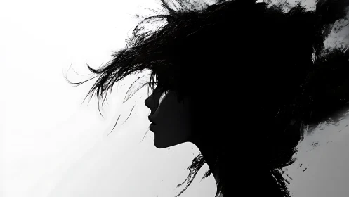 Silhouette profile merges with abstract black brushstroke void.