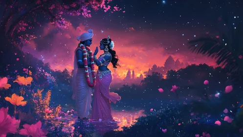 Krishna and Radha in Magical Garden at Sunset.