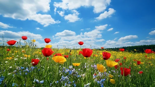 Vibrant wildflower meadow under perfect blue sky.
