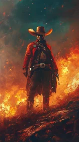 Lone cowboy strides through wildfire with quiet resolve.