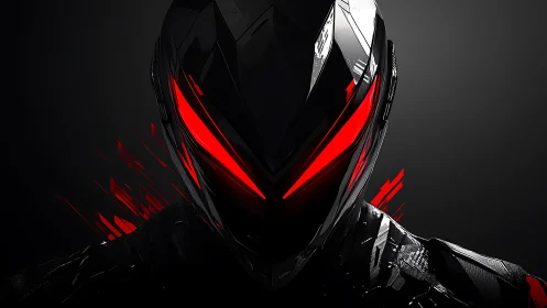 Black armored cyborg helmet with red glowing visor eyes.