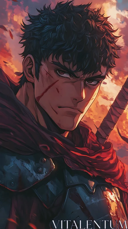 Anime warrior portrait under burning dusk sky, dynamic lighting.