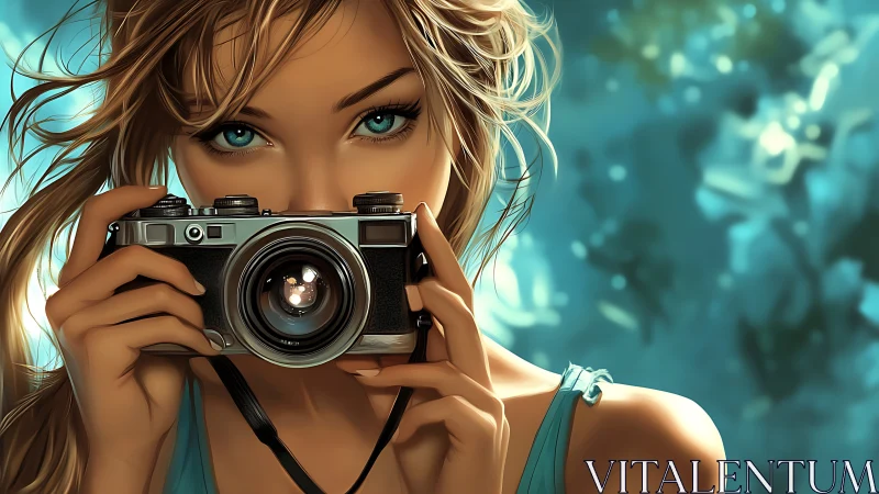 Sunlit photographer with teal eyes and vintage camera.