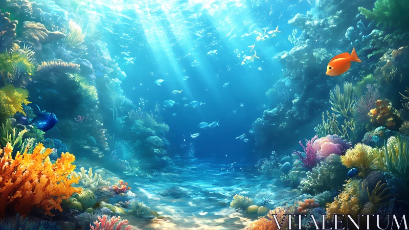 Sunlit coral canyon hums while tiny reef wanderers glide