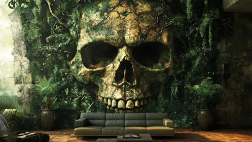 Vine‑covered stone skull mural dominating lush lounge wall.