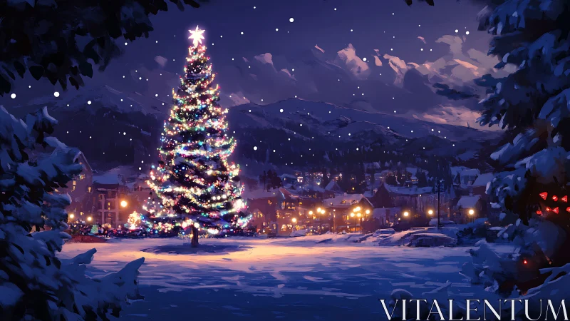 Digital painting of illuminated town square Christmas tree at dusk.