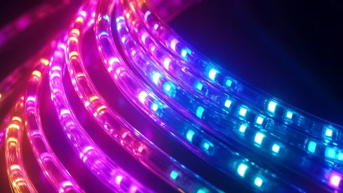 Cyberpunk LED ribbon arrays with curved luminous trajectories.