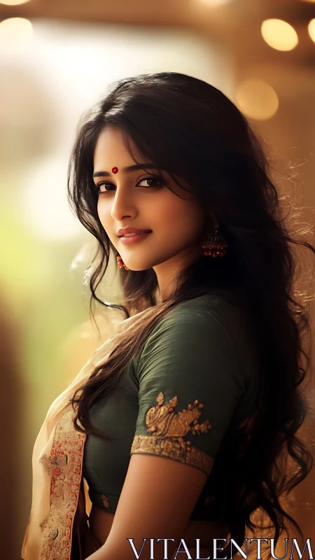 Soft-eyed muse in silk saree glows in evening bokeh light.