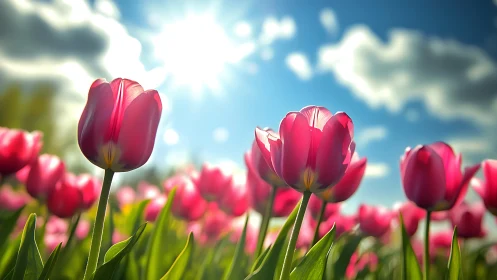 Sunlit pink tulips glow vibrantly under a bright spring sky