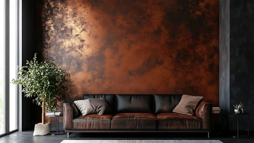 Contemporary leather sofa against textured copper accent wall.