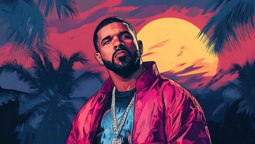 Stylized portrait of man before sunset and palm silhouettes.