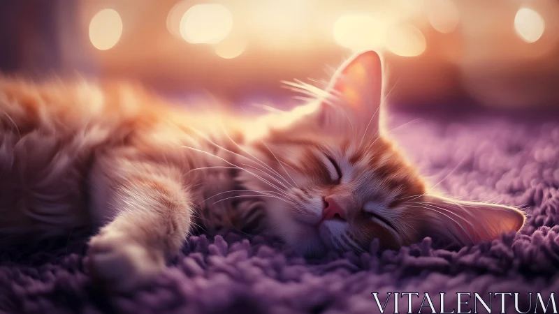 Slumbering Feline with Golden Hour Bokeh and Lavender Textile Setting