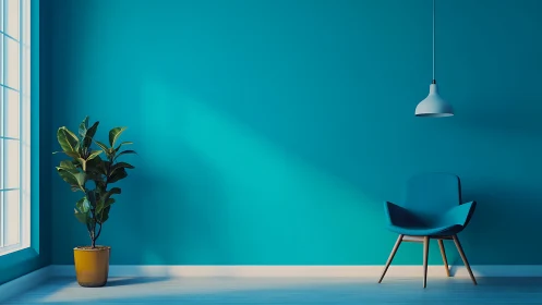 Sunlit teal corner cradling a lone chair and golden plant pot.