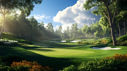 Sunlit forest golf fairway with sculpted white bunkers.