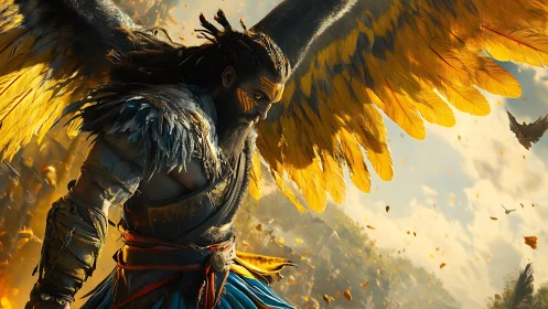 Golden-winged warrior spreads fierce light across the sky