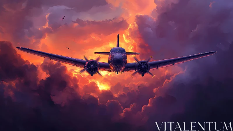 Twin‑engine propeller aircraft cuts through burning storm clouds