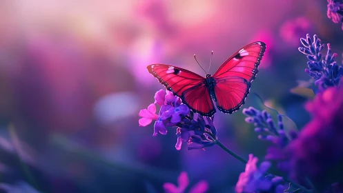 Radiant magenta butterfly poised amid dreamy bokeh garden.