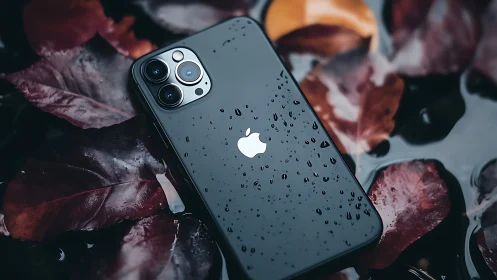 iPhone 13 Pro with water droplets on autumn leaves.