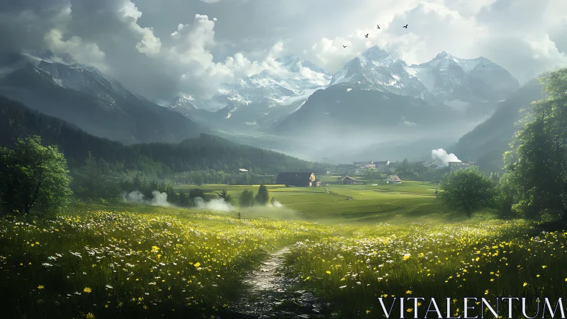 Sunlit alpine valley meadow with distant snow-covered peaks