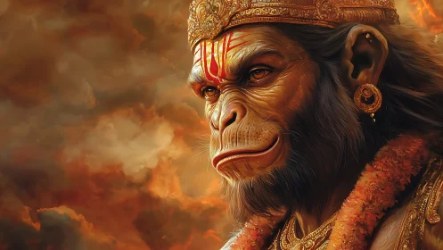 Regal anthropomorphic monkey deity in fiery clouds.