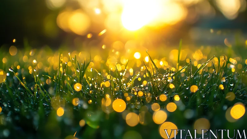 Morning dew on vibrant grass glows in soft golden sunrise