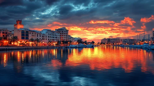 Harbor city skyline glows gently under a fiery evening sunset