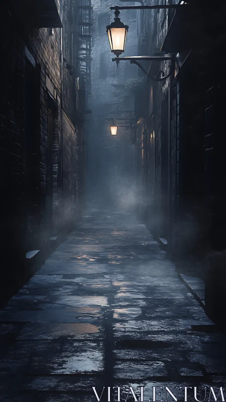 Narrow wet alleyway extends into fog under gas lamps