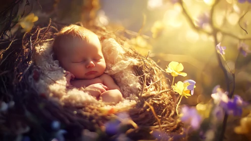 Gentle newborn dreaming softly in a sunlit flower nest.