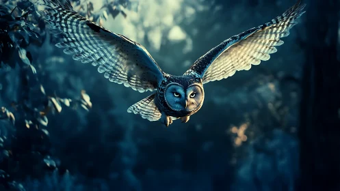 Majestic owl in flight through a mystical forest at twilight.
