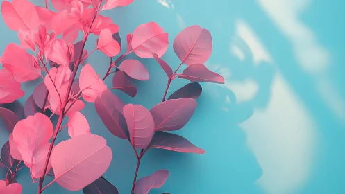 Pink botanical leaves on cyan background in modern minimal style.