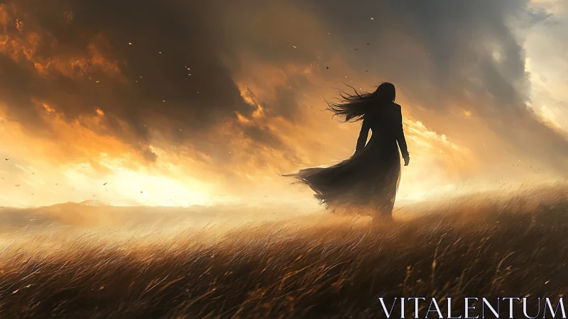 Silhouetted woman strides through windswept field at burning dusk.