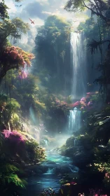 Luminous rainforest cascades in vertical fantasy landscape design.