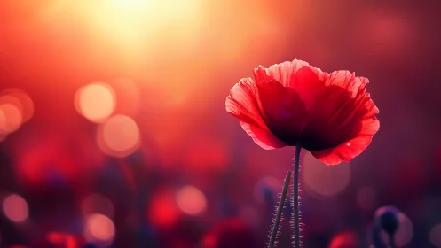 Red Poppy Silhouette Against Gradient Bokeh Background.