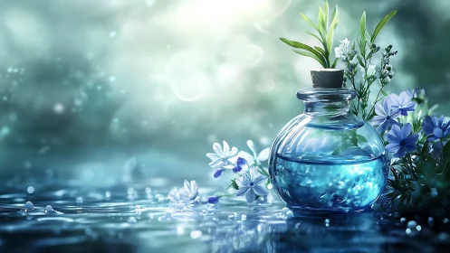 Translucent glass vial with blue liquid, florals and wet bokeh field