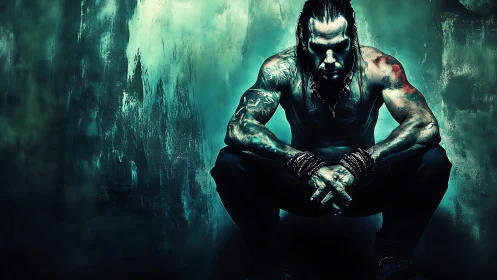 Brooding tattooed warrior crouches in teal-lit grunge chamber.