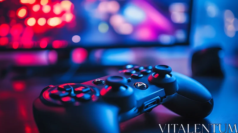 Game controller under neon blue and pink gaming lights.