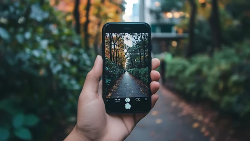Hand holding smartphone with woodland pathway scene display.