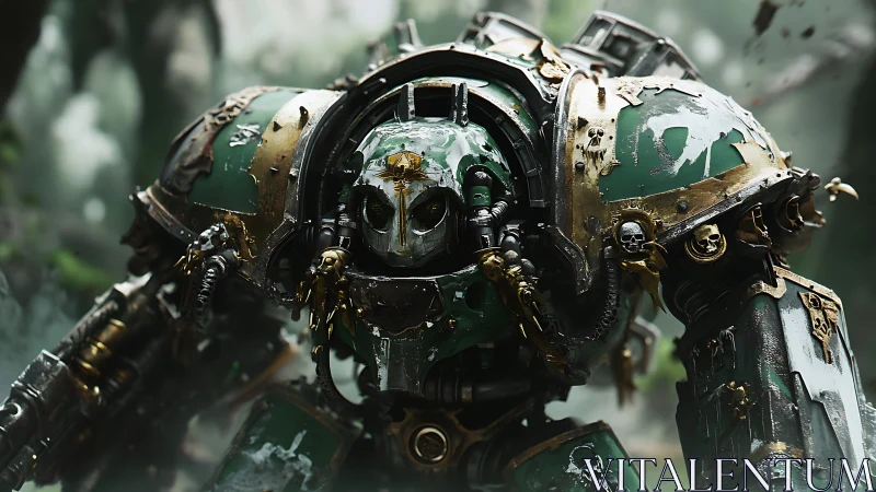 Weathered forest mech knight wandering through misty ruins.