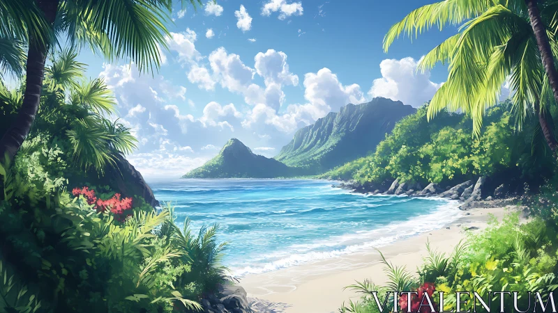 Tropical Island Cove with Mountains and Palm Trees.