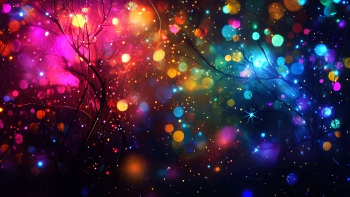 Colorful nebula bokeh glows around silhouetted branch forms